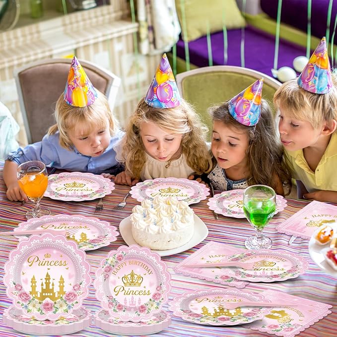 96pcs Princess Birthday Party Decorations Pink Princess Scalloped Plates Napkin Tableware Set Pink Floral Gold Castle Fairytale Disposable Tableware for Girls Birthday Baby Shower Party Supplies Favor