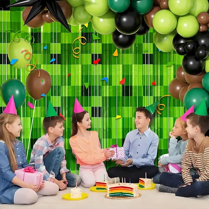 2 Pack Green Foil Fringe Curtains Pixel Birthday Backdrop, 3.2x6.6ft Video Game Door Streamers for Boys Gaming Birthday Party Decorations Supplies Favors