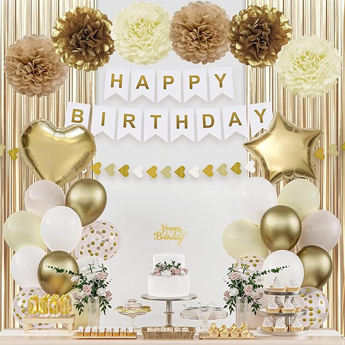White and Gold Birthday Decorations for Women, Happy Birthday Party Decorations, Happy Birthday Banner, Gold White Sand Ivory Balloons, Tissue Paper Pompoms, Heart Garland, Party Decor for Girls