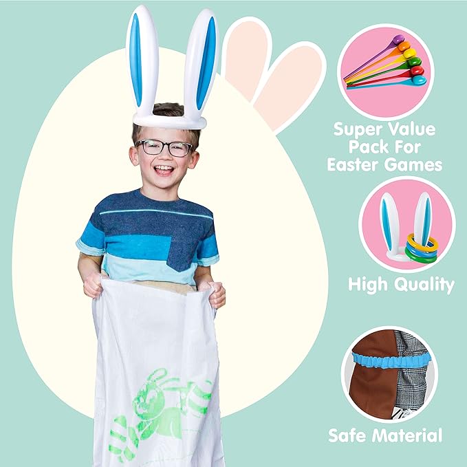 JOYIN Easter 33PCS Potato Sack Race Jumping Bags, Spoon and Egg Race, 6 Players Legged Relay Race Bands Elastic Tie Rope for Easter Theme Party Favor, Outside Lawn,Eggs Hunt Game Activities