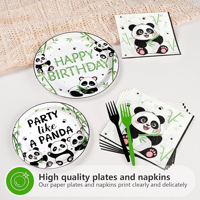 96 Pcs Panda Birthday Decorations Party Like a Panda Paper Plates and Napkins Green Bamboo Animal Themed Tableware Sets for Kids Birthday Baby Shower Newborn Party Supplies Serves 24