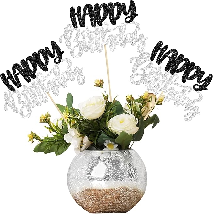 Gyufise 12Pcs Happy Birthday Centerpieces Sticks Double Sided Glitter Birthday Party Decorations Anniversary Table Flower Centerpiece for Celebrating Party Supplies Black Silver