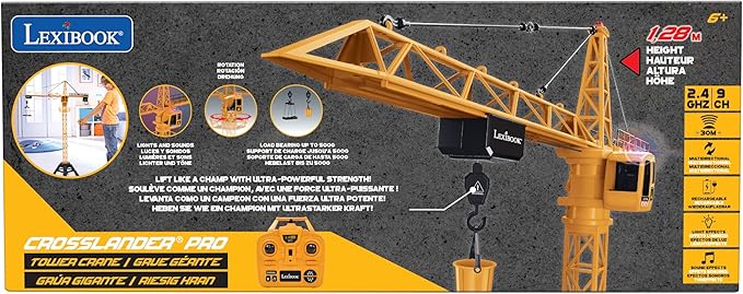 LEXiBOOK, Crosslander® Pro, RC Crane, Remote-Controlled Tower Crane, Height 4.20 ft, Lifts up to 1.10 lb, Multidirectional, Sound and Light Effects, Yellow, RCP35