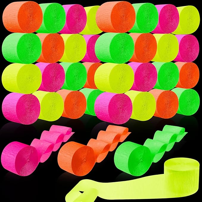 Outus 1181 Feet Glow in The Dark Party Supplies Streamers 36 Rolls Glow Crepe Paper Rolls Neon UV Backlight Reactive Fluorescent Paper Streamer for Easter Carnival 80s Party Favors Decorations