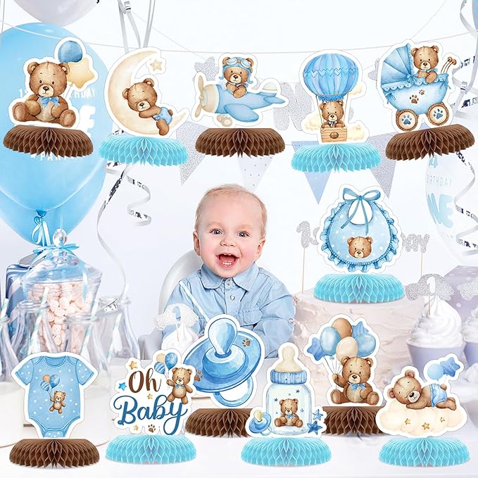 Tarklanda 12 Pcs Bear Baby Shower Honeycomb Centerpieces 3D Table Toppers Teddy Bear Themed Honeycomb Decoration for Birthday Wedding Gender Neutral Party Supplies (Blue Bear)