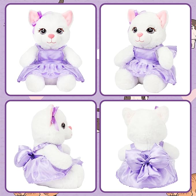 Cuteoy White Cat Stuffed Animal in Purple Dress Soft Plush Kitty Toy Cute Plushies for Girls Boys Birthday