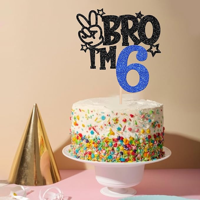 1 PCS Brother I'm 6 Cake Topper Glitter Star Happy 6th Birthday Cake Pick Bro I'm 6 Cake Decoration It's My 6th Birthday Decorations for Boys Cheers to 6 Years Old Birthday Party Supplies Blue