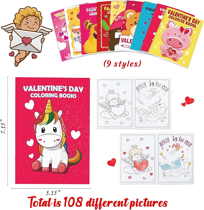 90shine 54PCS Valentine's Day Coloring Books for Kids Bulk - Valentines Classroom School Party Favors Gifts Holiday Class Activity Supplies