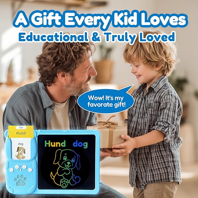 Drawing Tablet with Bilingual Flashcards for Kids - German English Talking Flash Cards, LCD Writing Pad Board, Pocket Speech for Toddlers, Learning Toy Gift for Boys Girls (German, Blue)