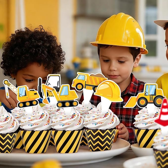 48 Pack Construction Cupcake Toppers and Wrappers, Construction Vehicles Party Cake Decoration for Engineering Theme Birthday Party Baby Shower Supplies