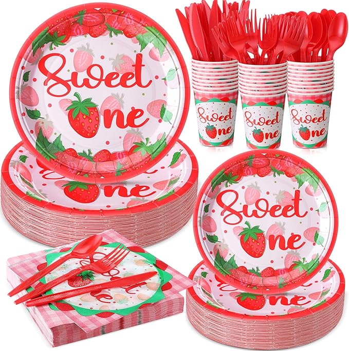 350 Pcs Strawberry Sweet One Party Supplies Tableware Set Disposable 9'' 7'' Paper Plates 9 oz Cups Cutlery Napkins Dinnerware Set for 1st Birthday, Serve 50 (Strawberry Sweet One, Red, Pink)