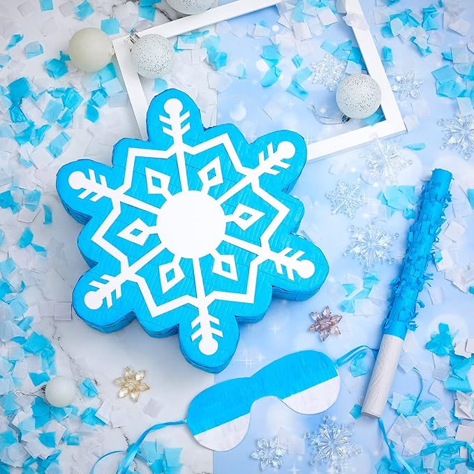 Lewtemi 13.9 x 12.2 Inch Blue Snowflake Piñata Winter Piñata Froze Piñata Birthday Party Supplies with Blindfold Bat Round Tissue Paper for Winter Theme Party Holidays Baby Shower Christmas Decors