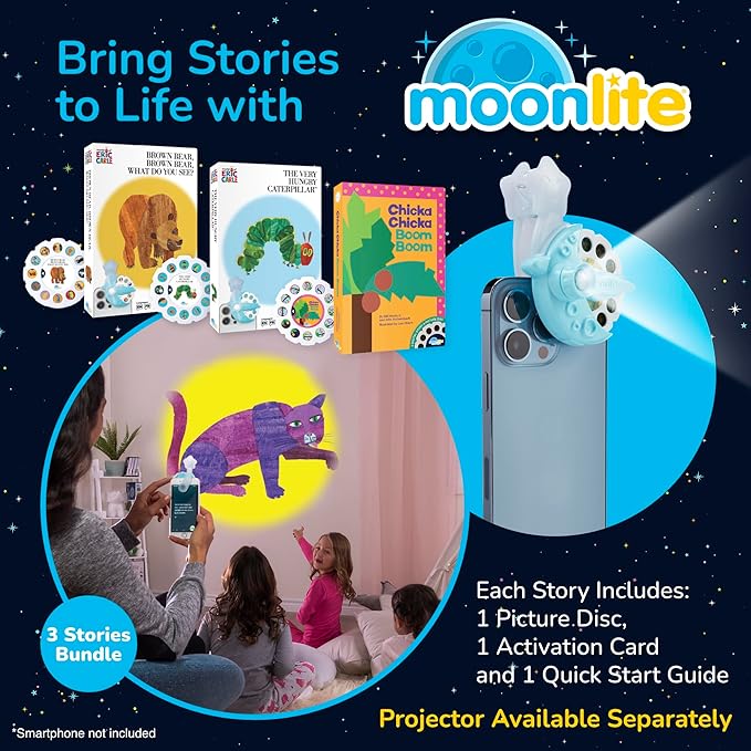 Moonlite Storytime 3-Story Bundle, Requires Moonlite Projector (Sold Separately), The Very Hungry Caterpillar, Brown Bear, Chicka Boom, Vibrant Storybook Art Projections with Sound Effects & Music