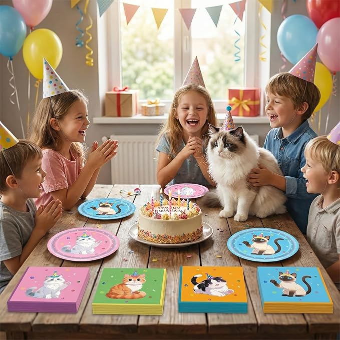 40Pcs Cat Birthday Decorations Tableware Set,Cute Kitten Theme Party Supplies Birthday Plates and Napkins Disposable Table Decor for Baby Shower Kids Birthday Gift,Serve 20 Guests