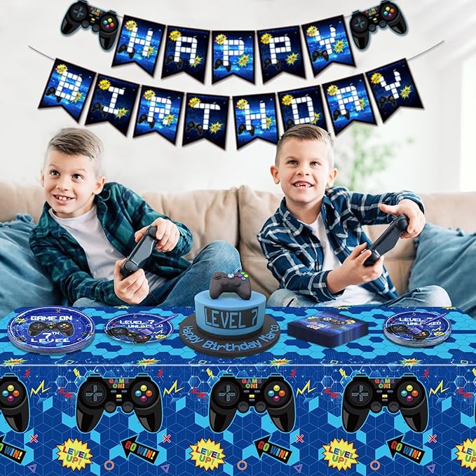 81 Pcs Video Game Party Supplies 7th Birthday Video Game Party Decor Dinner Plates Napkins Video Game Tablecloth Forks Gaming Party Favors for Boy 7th Birthday Party, Serves 20