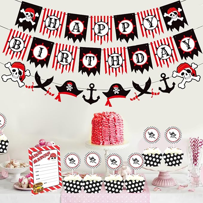 Zwiebeco Red Black White Pirate Happy Birthday Banner Bunting Garland Sign for Boys Girls Kids Teenagers Mens Womens Adults Sea Rover Themed Party Decorations Supplies