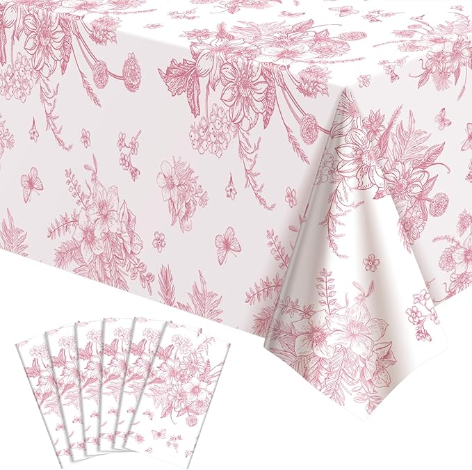 6 Pack Pink Floral Plastic Tablecloths, 54 X 108Inch Tea Party Tablecloth Disposable Vintage Table Cloth Pink and White Porcelain Tables Decor for Easter Mother's Day Birthday Garden Wedding Tea Party