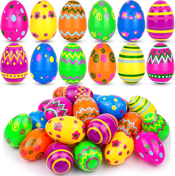36 Pack Plastic Printed Easter Eggs, 3.15'' Tall Fillable Empty Eggs Bulks for Easter Eggs Hunt, Easter Basket Stuffers Fillers, Classroom Prize Supplies, Filling Treats and Party Favors