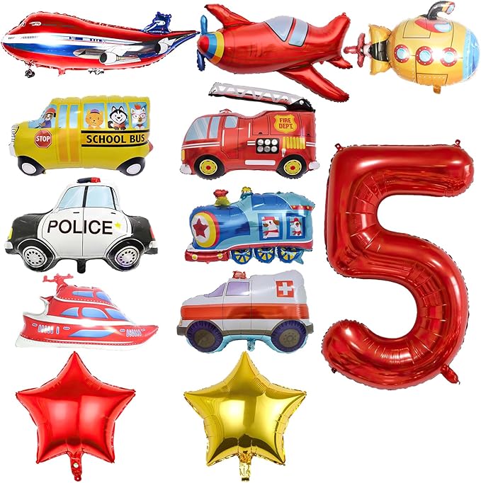 12pcs Transportation Balloons, Truck Plane School Bus Fire Truck Police Car Ship Ambulance Submarine Foil Balloon, Transportation 5th Birthday Vehicles Theme Party Supplies Decorations (5th)