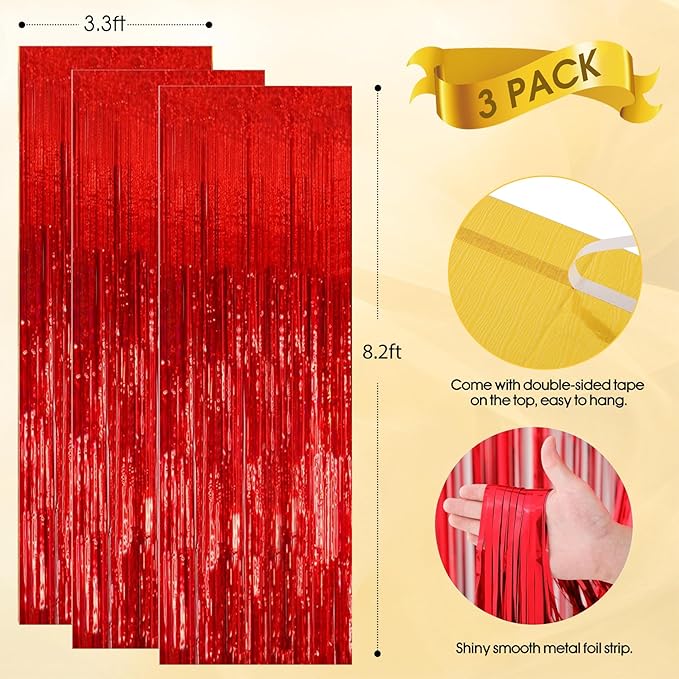 3 Pack Shiny Red Backdrop Party Decorations Tinsel Curtain Party Backdrop Foil Fringe Birthday Decorations Photo Booth Streamer Pink Theme Bachelorette Graduation Party Decorations