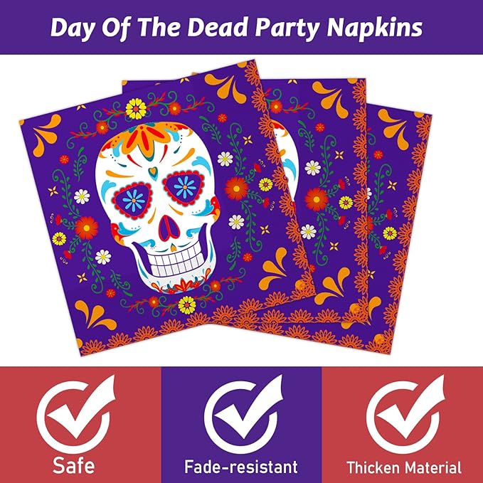 96 Pcs Day of The Dead Tableware Set Colorful Skull Marigold Decors Mexican Fiesta Theme Party Dessert Plates Napkins Forks for Day of The Dead Party 24 Guests