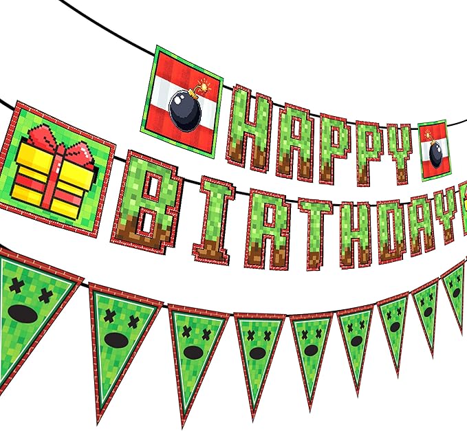 IndoTribe Pixel Happy Birthday Banner Pre-strung - 10ft Pennant Banner Flag Video Game Birthday Decorations Miner Backdrop Gaming Birthday Party Decorations Gamer Party Decorations
