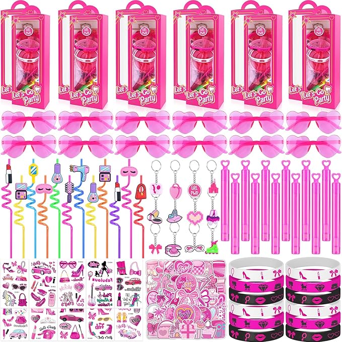 132Pcs Pink Girls Party Favors Pack - For 12Guests, Includ Goodie Box Heart Glasses Straws Bubble Wands Tattoo Sticker Bracelet Keychain, for Kids Girls Birthday Party Decoration Supplies