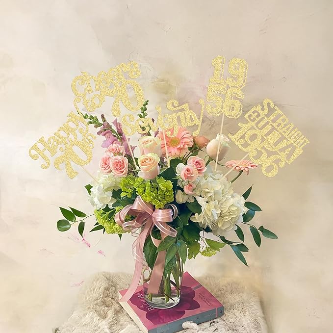 Gyufise 15Pcs Happy 70th Birthday Centerpiece Sticks Seventy Straight Outta 1956 Table Flower Centerpieces Sticks Decorations for Cheers to 70th Birthday Party Supplies Gold