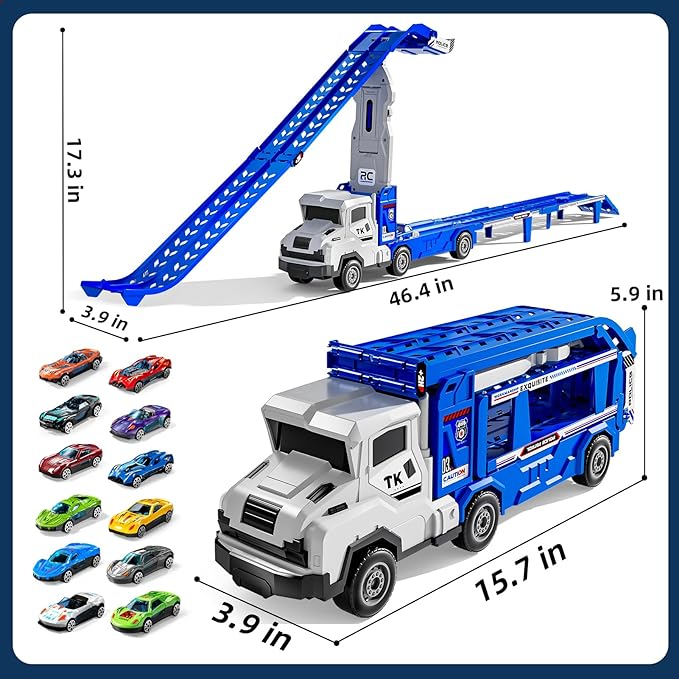 Truck Toys for Kids, Transport Vehicle with 12 Die-Cast Car, Double Race Car Track Cars Ramp Toy, Carrier Truck for Toddler 3-5, Christmas Birthday Gift for 3 4 5 6 7 8 Years Old Boys Girls