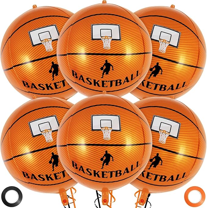 6 Pcs Basketball Balloons, 22 Inch Foil Mylar Basketball Balloon Large Round Sphere Balloons for Basketballs Sports Themed Birthday Party Decorations Supplies
