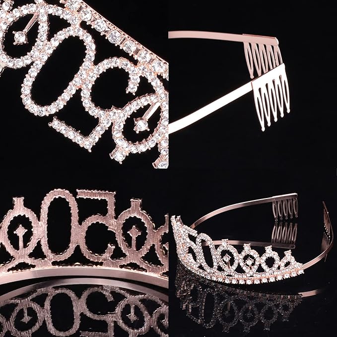 CIEHER 50th Birthday Crown + 50 & Fabulous Sash + Pearl Pin Set, 50th Birthday Gifts for Women Friends 50 Bday Decorations Women