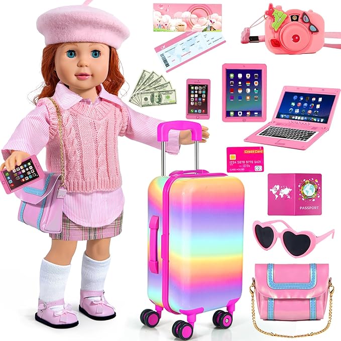 27 PCS American 18-inch-Doll-Clothes and Accessories-Travel-Suitcase Luggage,Clothes and Shoes, Bag, Sunglasses, Camera, Passport, Notebook, Phone, pad Travel Gear Play Set Fit(No Doll)