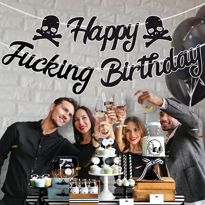 Gothic Happy Birthday Banner Decorations Funny Black Bunting Banner Skull Sign Theme Party Decor Adult Birthday for Decorations Supplies