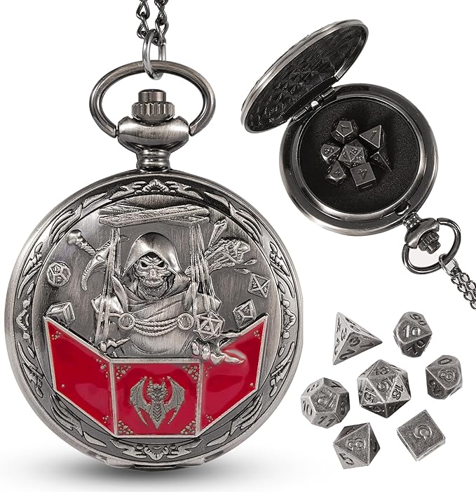 D&D Dice Set,7PCS Metal Dice for Dungeons and Dragons,Mini Dice Set with Pocket Watch Case,Role Playing Board Games Accessories (DM, Ancient Silver)