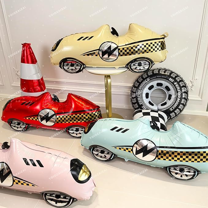 2PCS Self Standing Race Car Tire Foil Balloon Red And Blue Car Balloon For Birthday Boy Race Themed Party Baby Shower Decorations Supplies