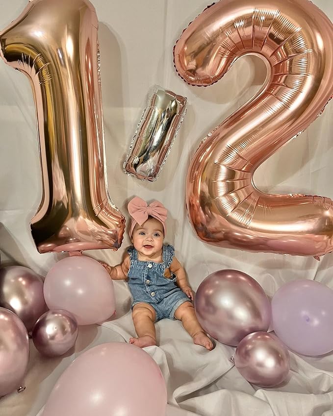 Rose Gold Number 12 Balloon 40 inch, 12 Number Balloons, 12th Birthday Decorations for Girls Boys, 12 Year Old Rose Gold Party Supplies