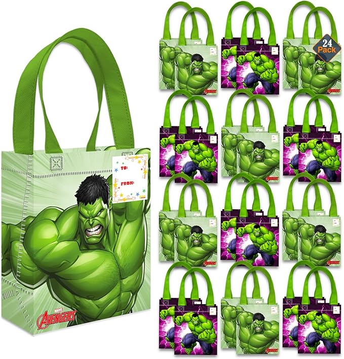 Hulk Party Favor Bags Set – 24 Pack 8" Marvel Goodie Bags for Kids Bulk Reusable Mini Totes | Avengers Incredible Hulk Birthday Party Supplies