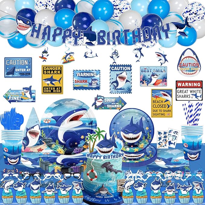 Mpanwen Shark Party Supplies, 216Pcs Shark Themed Birthday Party Decorations Decor - Banner, Paper Glasses, Balloons, Cake Toppers, Plates, Tablecloth, Hanging Swirls, Wall Signs Serves 16 Guests
