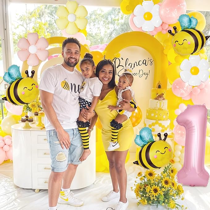 First Bee Day Decorations Girl 8 Pcs First Birthday Decor for Girl with Pink Number 1, Bee and Daisy Foil Balloon, 1st Birthday Decorations Party Supplies