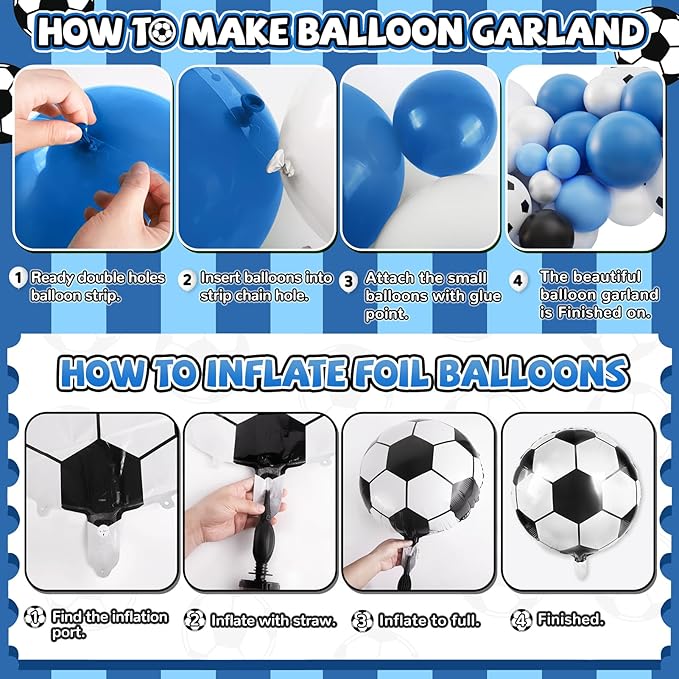 Soccer Balloon Garland Arch Kit, 103Pcs 18 12 10 5inch Blue White Soccer Balloons with 18inch Football Foil Balloons for Sports Theme Soccer Party Decorations