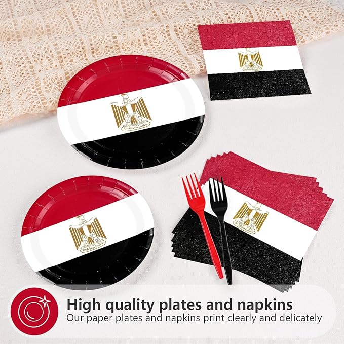 96Pcs Egypt Flag Party Supplies Egyptian Flag Plates and Napkins Red White Black Flags Tableware Set for Egyptian National Sports Events Patriotic Festival Birthday Party Supplies Serves 24