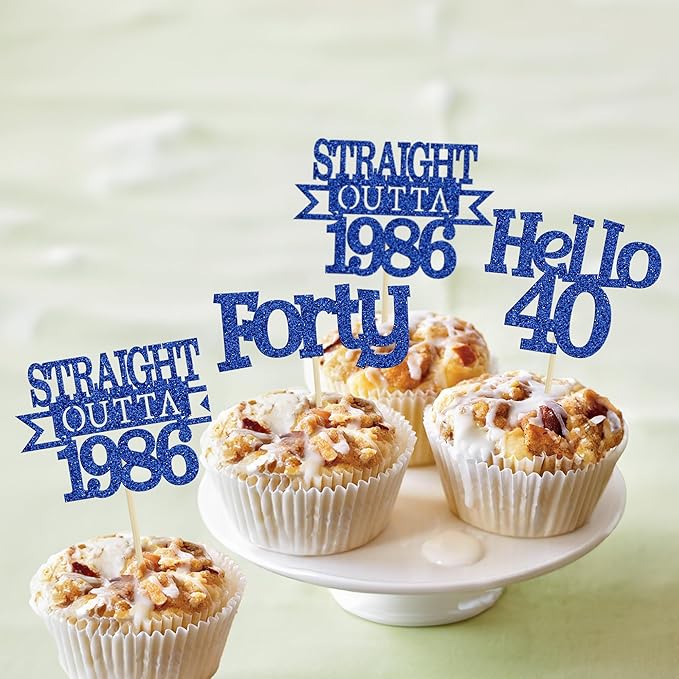 Ephlyn 24Pcs Happy 40th Birthday Cupcake Toppers Glitter Forty Straight Outta 1986 Cupcake Picks Hello 40 Cheers to 40 Years Birthday Cake Decorations for 40th Birthday Anniversary Party Supplies Blue