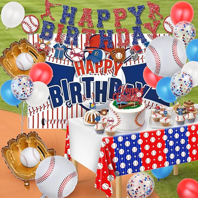 Baseball Party Decorations, Baseball Birthday Party Supplies Kit, Include Sport Themed Backdrop, Happy Birthday Banners, Tabelcloth, Baseball Balloons, Cake&Cupcake Toppers