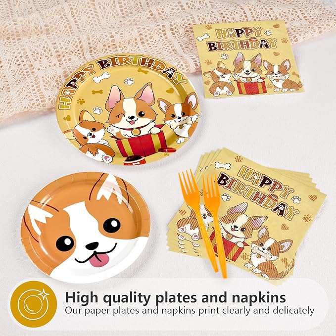 96Pcs Corgi Welsh Dog Birthday Party Decoration Cartoon Puppy Plates and Napkins Cute Corgi Themed Tableware Set for Kids Birthday Baby Shower Pets Dog Gotcha Day Party Supplies, Serves 24
