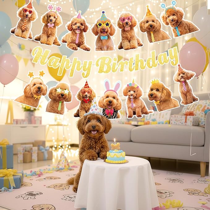 Dog Happy Birthday Banner, Golden Doodle Birthday Party Decorations Gold Glitter Puppy Birthday Banner Decorations for Pet Dog Theme Party Bunting Decoration Baby Shower Party Supplies