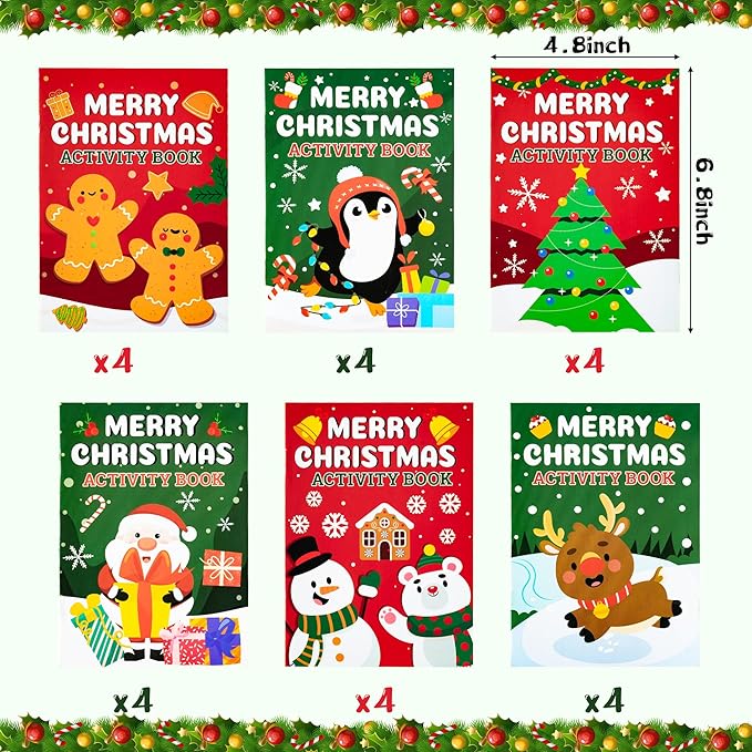 Dvbonike 24Pcs Christmas Activity Books for Kids Bulk Merry Christmas Mini Fun Games Coloring Book Santa Snowman Reindeer Party Favors Goodie Bags Stuffers Birthday Classroom School Rewards Supplies