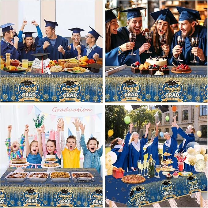 Staraise 3 Pcs Graduation Tablecloth for Graduation Decorations 2026 - Plastic Blue and Gold Congrats Grad Table Cloth,Disposable Graduations Table Cover for 2026 Grad Party Decorations,51.2x86.6inch