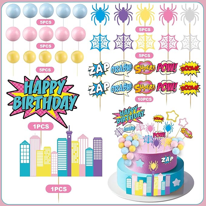 Geelin 61 Pcs Spider Birthday Cake Topper Pink Spider Girl Cupcake Topper Pastel Party Supplies Cartoon Party Decorations Balls Webs Stars City Cake Border Decor for Girls Boys Birthday Baby Shower