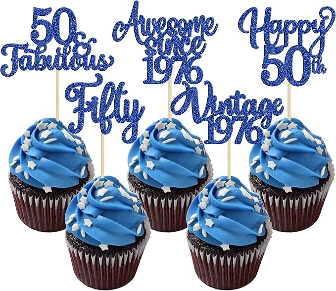 Ephlyn 30Pcs Happy 50th Birthday Cupcake Toppers Glitter Fifty Vintage 1976 Cupcake Picks Cheers to 50 Fabulous Cake Decorations for 50th Birthday Wedding Anniversary Party Supplies Dark Blue