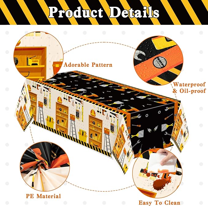 6 Packs Tool Theme Plastic Tablecloths Decoration Waterproof Rectangle Cute Tool TableCover Design with Hard Hat, Nuts, Bolts, Ladders, Spade Patterns for Kids Boys Birthday Party Supplies